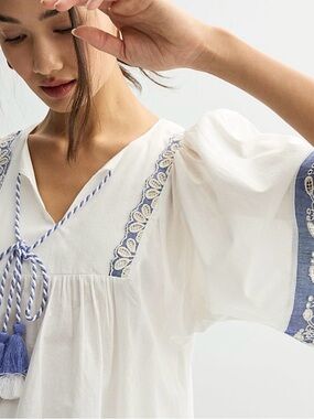 Farmers Market Women’s White Tie Blouse with Blue Embroidered Trim